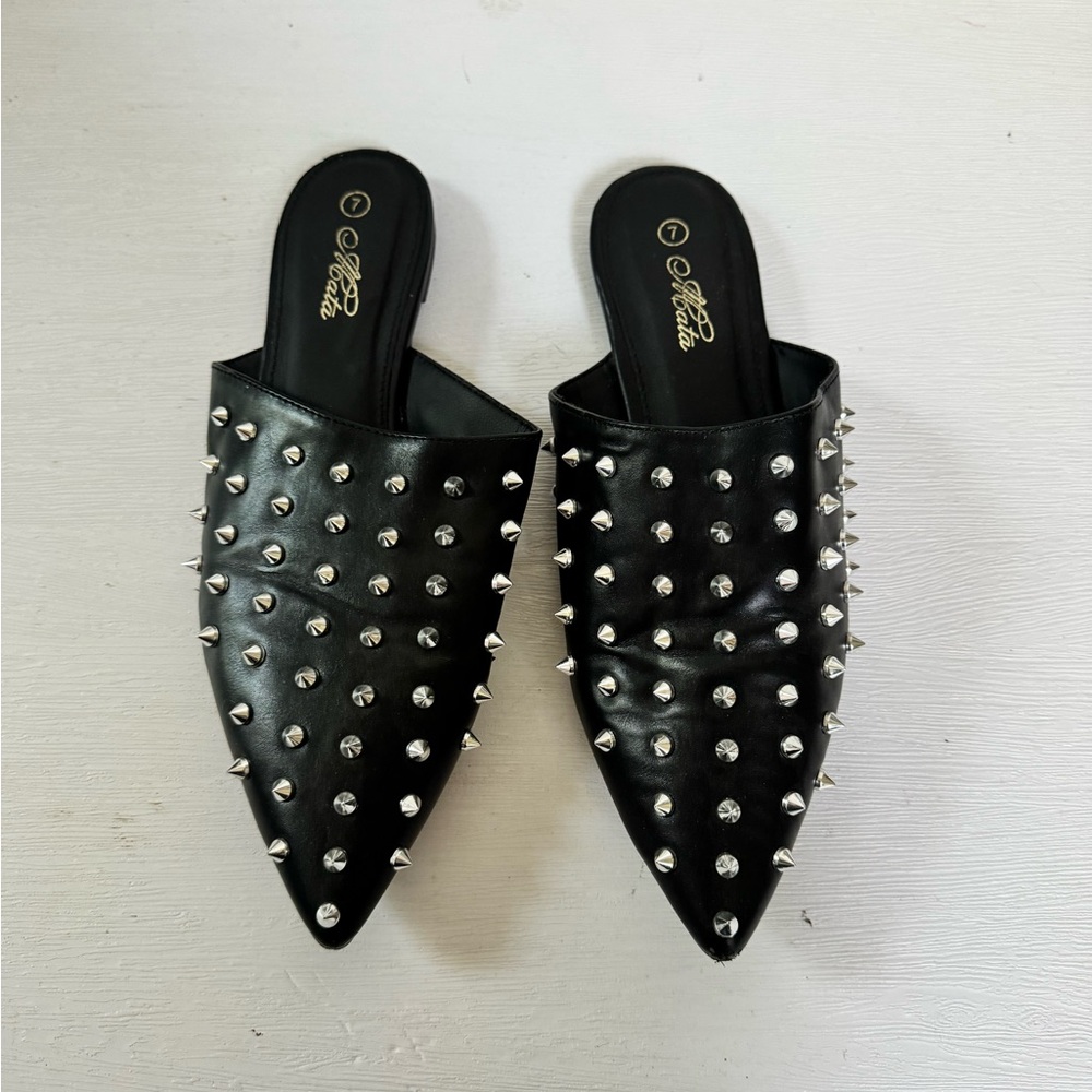 Studded Black Pointed Slip-On Flats